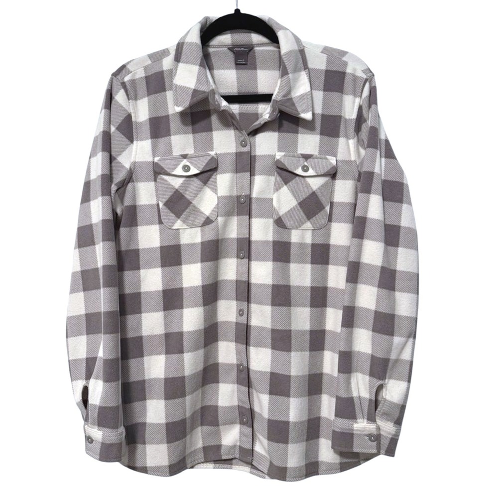 Eddie Bauer Fleece‎ Shirt Gray Buffalo Plaid Button Front Outdoorsy Womens L